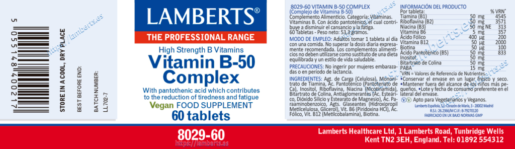Etiqueta del Complejo B 50 de Lamberts con sus propiedades e indicaciones