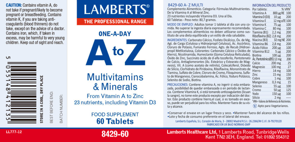 etiqueta del a-z multivitaminas de lamberts con sus propiedades e indicaciones