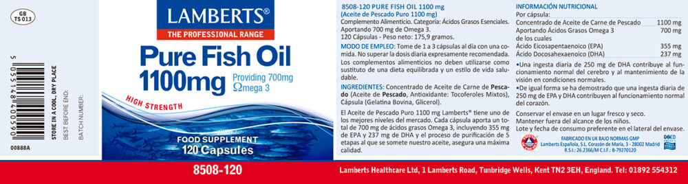 Etiqueta del Aceite de Pescado Puro 1100 mg Omega 3 de 120 cápsulas Lamberts con sus propiedades e indicaciones