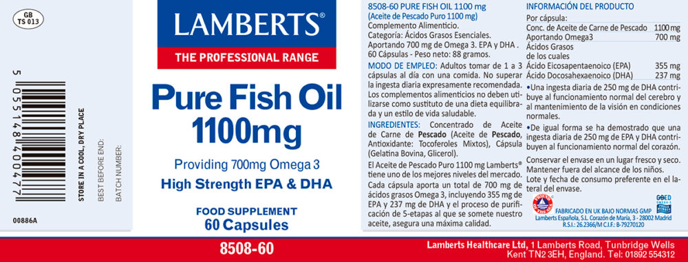 Etiqueta del Aceite de Pescado Puro 1100 mg Omega 3 de60 cápsulas Lamberts con sus propiedades e indicaciones
