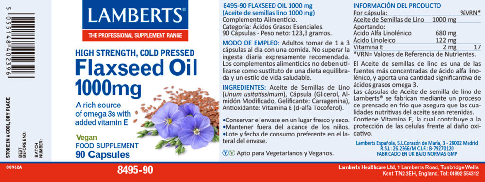 Etiqueta del aceite de semillas de lino Lamberts