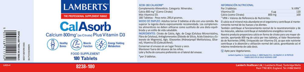 Etiqueta del CalAsorb con Calcio y Vitamina D3 de 180 tabletas Lamberts con sus propiedades e indicaciones