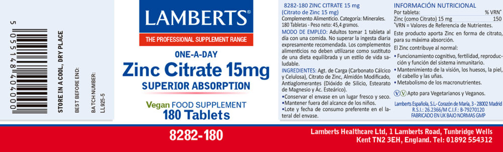Etiqueta del Zinc 15 mg de 180 tabletas Lamberts con sus propiedades e indicaciones