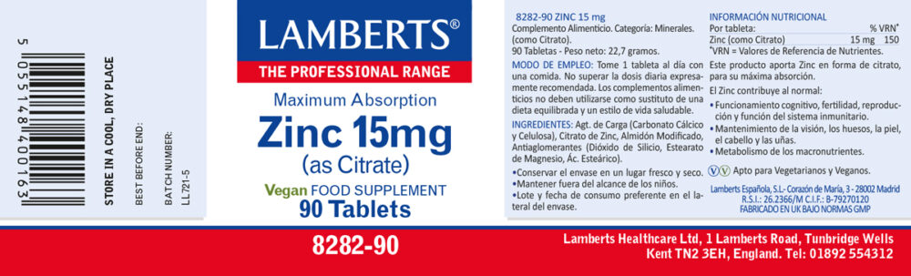 Etiqueta del Zinc 15 mg de 90 tabletas Lamberts con sus propiedades e indicaciones