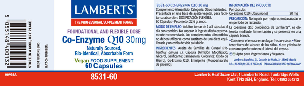 Etiqueta de la Co-Enzima Q10 30 mg Lamberts con sus propiedades e indicaciones