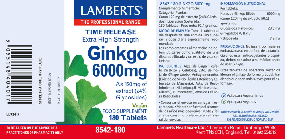 Etiqueta del Ginkgo Biloba 6000 mg de 180 pastillas Lamberts con sus propiedades e indicaciones