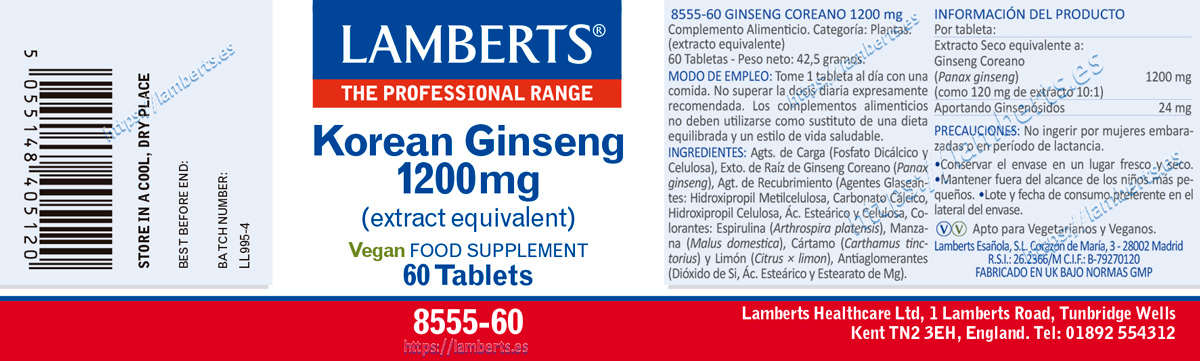 Etiqueta prospecto del Ginseng Coreano o Panax Ginseng 1200 mg Lamberts con sus propiedades e indicaciones
