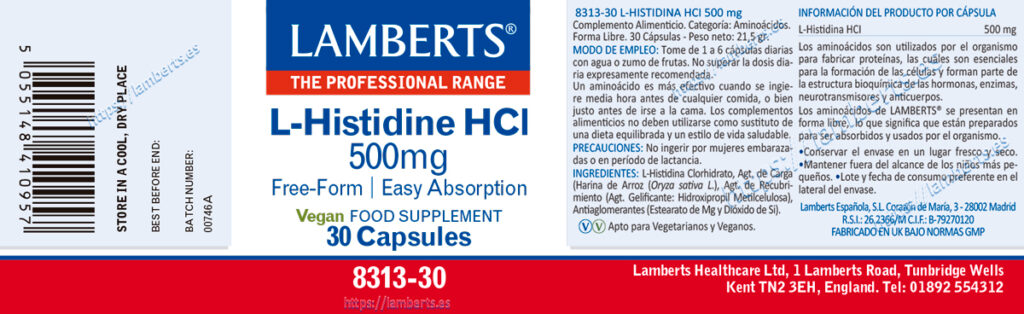 Etiqueta de la L-Histidina HCI 500 mg Lamberts con sus propiedades e indicaciones
