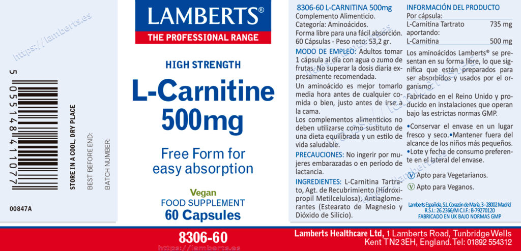 Etiqueta prospecto de la L-Carnitina Lamberts con sus propiedades e indicaciones