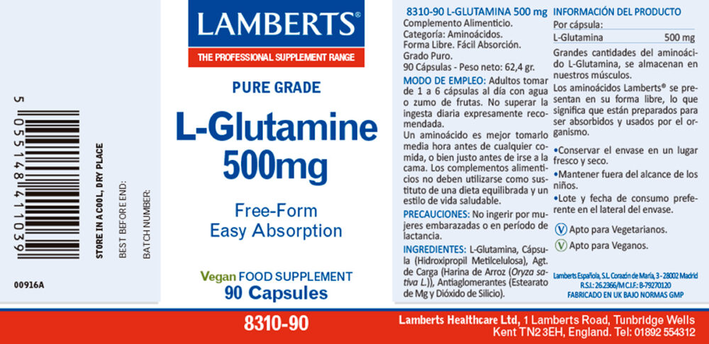 Etiqueta de la L-Glutamina Lamberts con sus propiedades e indicaciones