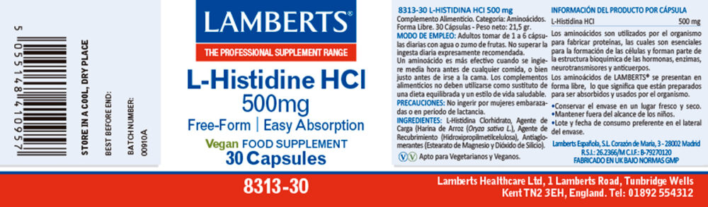 Etiqueta de la L-Histidina HCI 500 mg Lamberts con sus propiedades e indicaciones