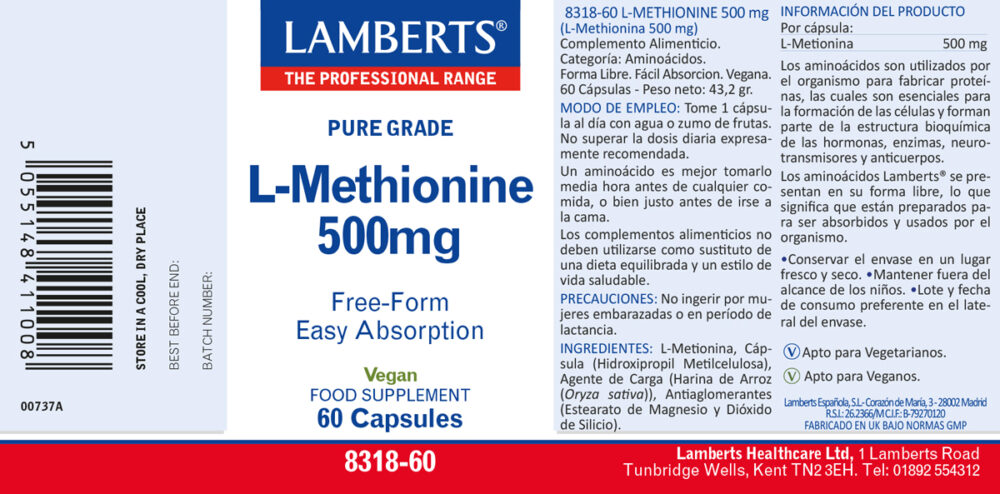 Etiqueta de la L-Metionina 500 mg Lamberts con sus propiedades e indicaciones
