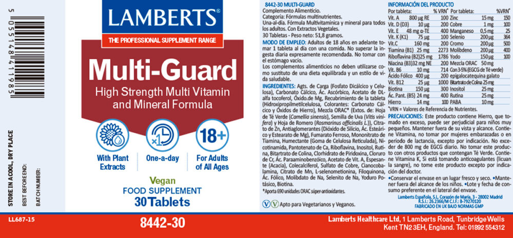 Etiqueta Prospecto del Complejo vitamínico con ORAC MultiGuard®  Lamberts con sus propiedades e indicaciones