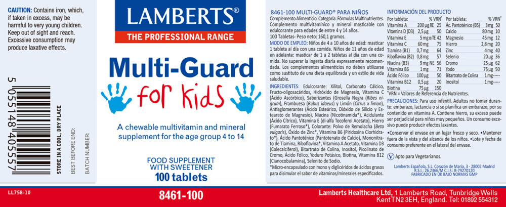 Etiqueta del mutivitamínico MultiGuard® para niños Lamberts con sus propiedades e indicaciones