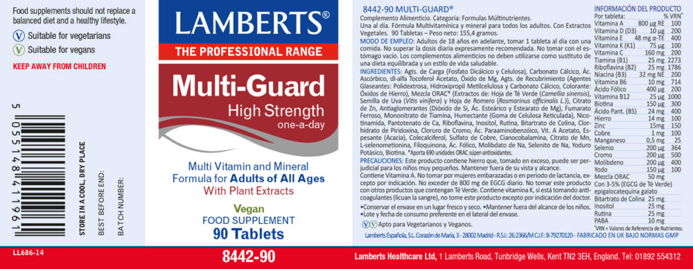 Etiqueta Prospecto del Complejo vitamínico con ORAC MultiGuard®  Lamberts con sus propiedades e indicaciones