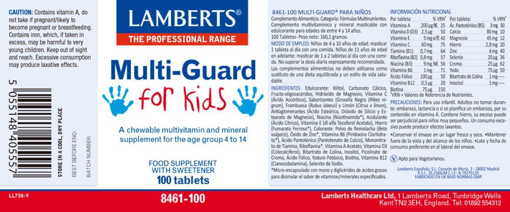 Etiqueta del mutivitamínico MultiGuard® para niños Lamberts con sus propiedades e indicaciones