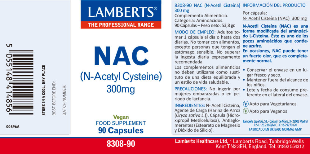 Etiqueta del NAC (N-Acetil Cisteína) 300 mg, Lamberts con sus propiedades e indicaciones