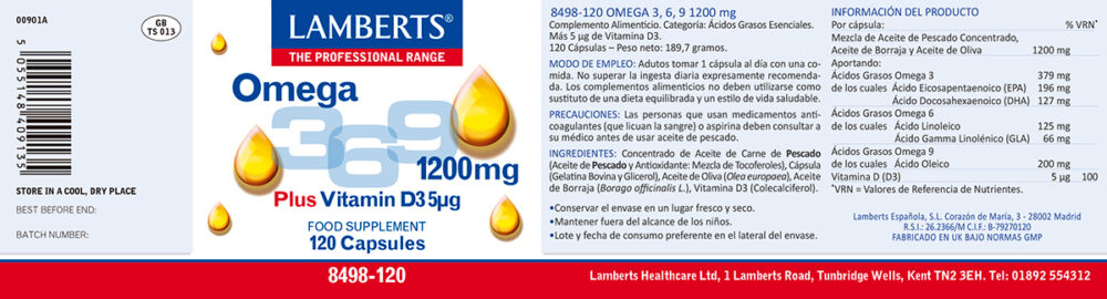 Etiqueta del Ácidos Grasos Omega 3,6,9 1200 mg Lamberts con sus propiedades e indicaciones