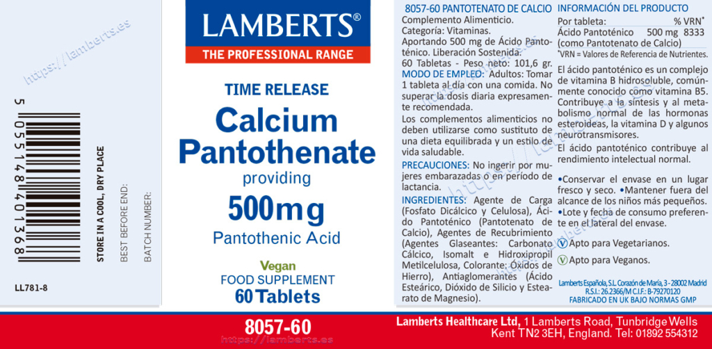 Etiqueta del Ácido Pantoténico o Vitamina B5 Lamberts con sus propiedades e indicaciones