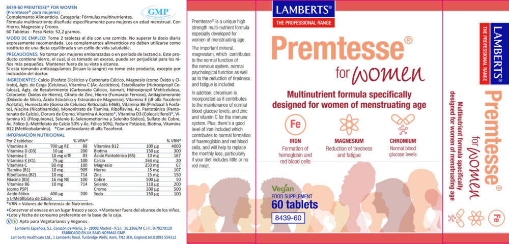 Etiqueta del Multivitamínico para las mujeres en edad menstrual Premtesse® Lamberts con sus propiedades e indicaciones