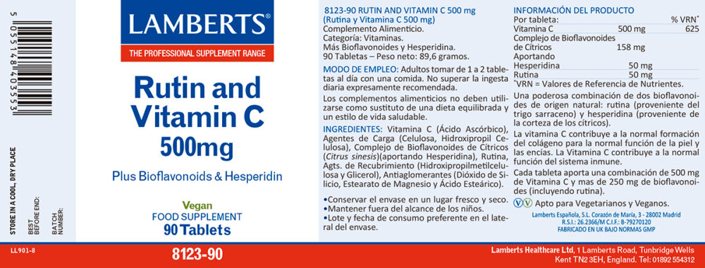 Etiqueta de la Rutina con Vitamina C lamberts con sus propiedades e indicaciones