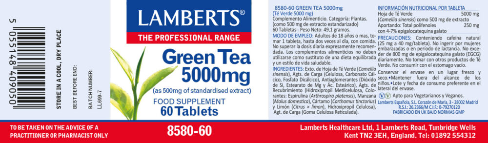 Etiqueta del Té verde (Camellia sinensis) 500 mg Lamberts con sus propiedades e indicaciones
