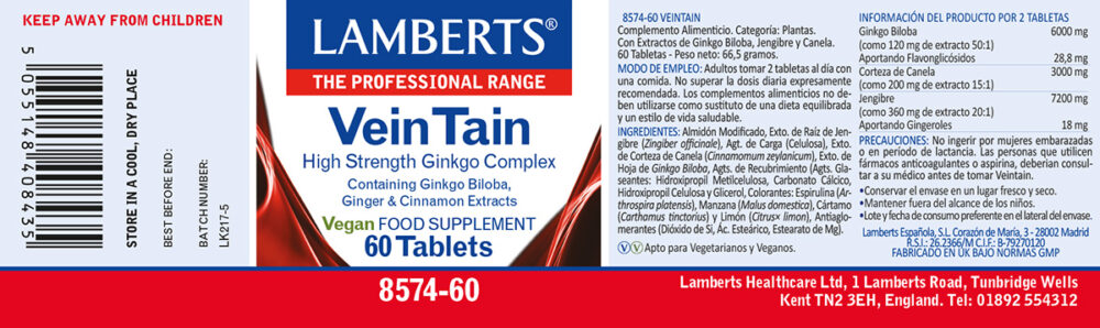 Etiqueta del VeinTain® con Ginkgo Biloba, Canela y Jengibre Lamberts con sus propiedades e indicaciones