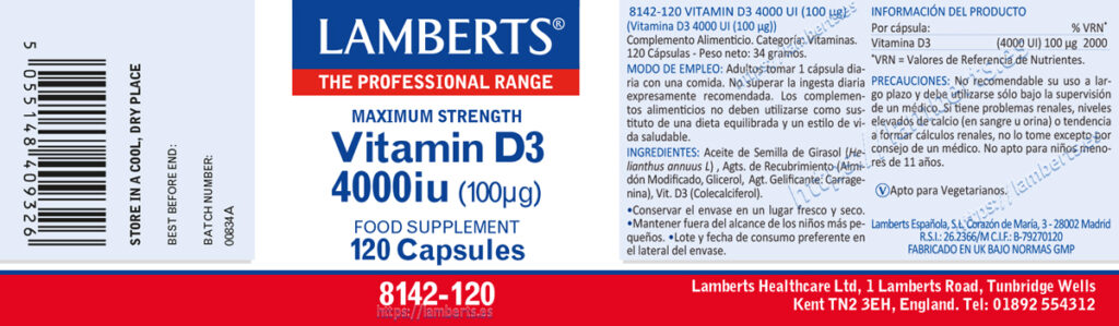 Etiqueta de la Vitamina D 4000 de Lamberts, con sus propiedades e indicaciones