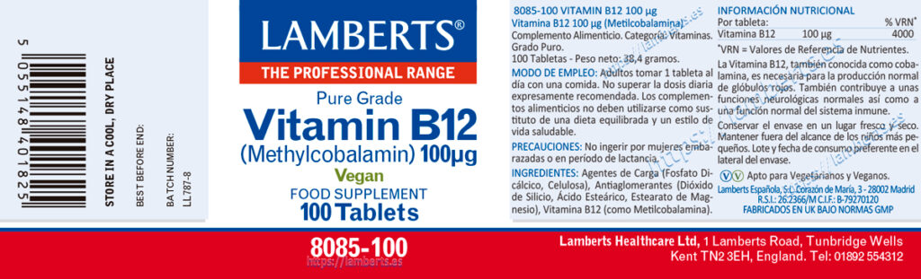 Etiqueta de la Vitamina B12 100 mcg como Metilcobalamina Lamberts con sus propiedades e indicaciones