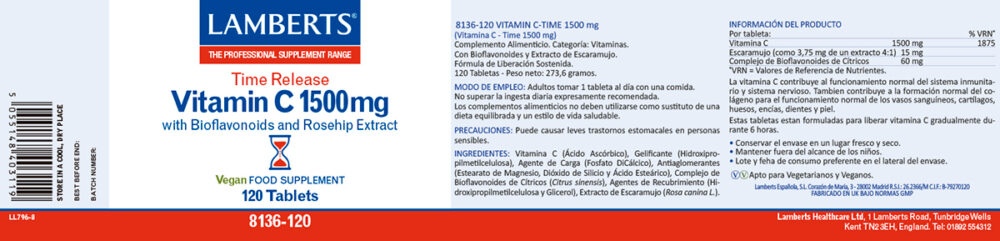 Etiqueta de la Vitamina C 1500 mg de liberación Sostenida de 120 tabletas Lamberts con sus propiedades e indicaciones