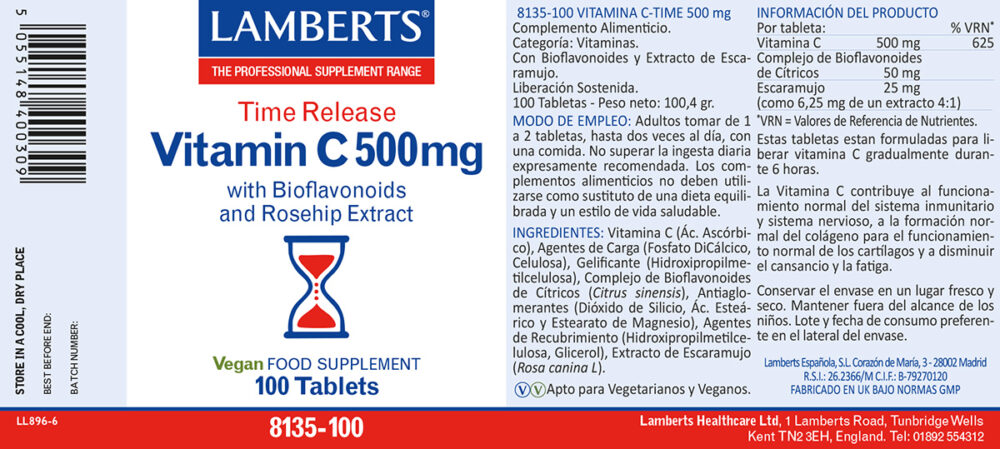 Etiqueta de la Vitamina C 500 mg de liberación Sostenida de 100 tabletas Lamberts con sus propiedades e indicaciones