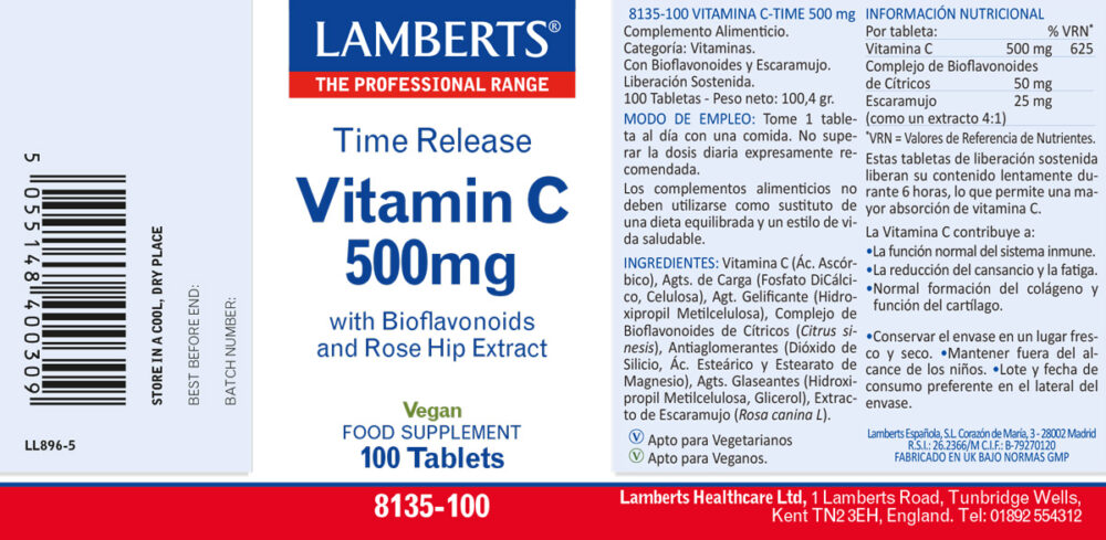 Etiqueta de la Vitamina C 500 mg de liberación Sostenida de 100 tabletas Lamberts con sus propiedades e indicaciones