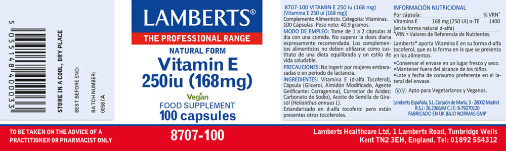 Etiqueta de la Vitamina E Natural 250 UI Lamberts con sus propiedades e indicaciones