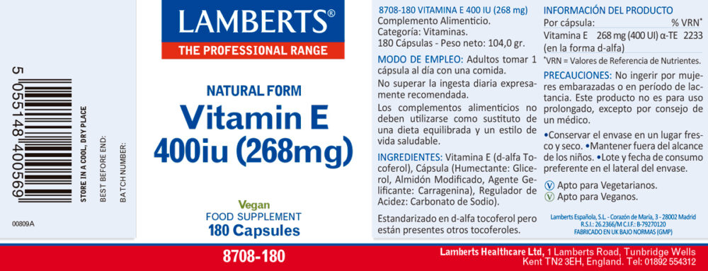 Etqieuta de la Vitamina E 400ui lamberts con sus propiedades e indicaciones