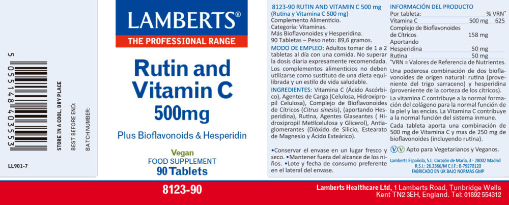 Etiqueta de la Rutina y Vitamina C 500 mg Lamberts con sus propiedades e indicaciones
