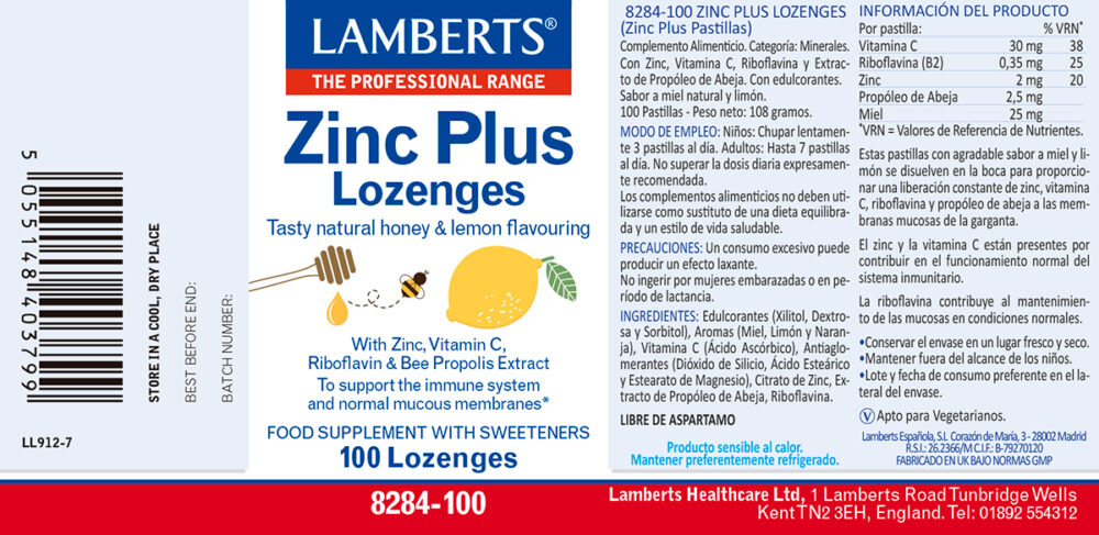 Etiqueta del ZInc Plus de Lamberts con sus propiedades e indicaciones