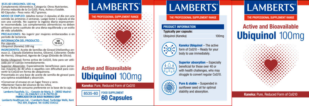 Etiqueta de la Ubiquinol 100 mg Lamberts con sus propiedades e indicaciones
