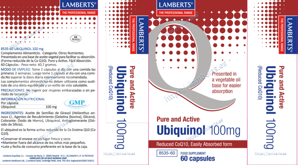Etiqueta de la Ubiquinol 100 mg Lamberts con sus propiedades e indicaciones