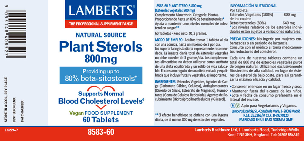Etiqueta del Esteroles Vegetales 800 mg Lamberts con sus propiedades e indicaciones