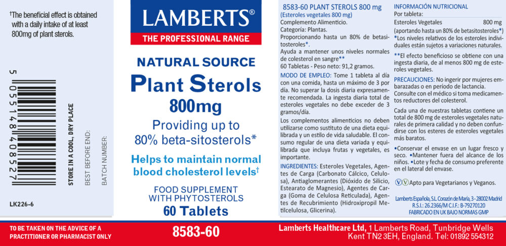 Etiqueta del Esteroles Vegetales 800 mg Lamberts con sus propiedades e indicaciones
