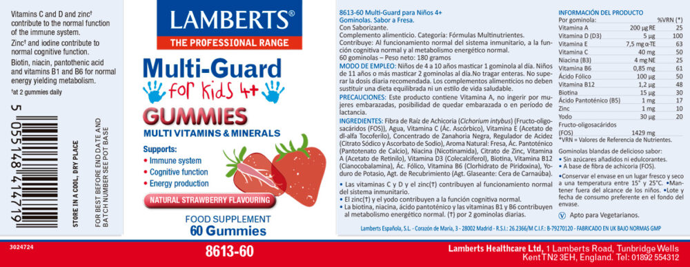 Etiqueta del Multi Guard para niños en Gominolas Lamberts, con sus propiedades de incicaciones