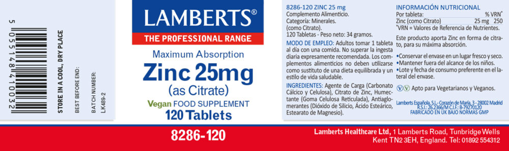 Etiqueta del Zinc 25 mg Lamberts con sus propiedades e indicaciones