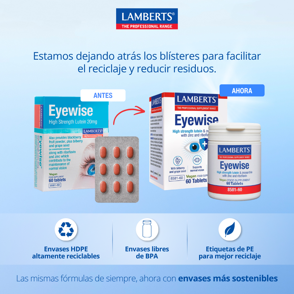Cambio de blister a bote para ayuda reciclaje, Lamberts. 8581
