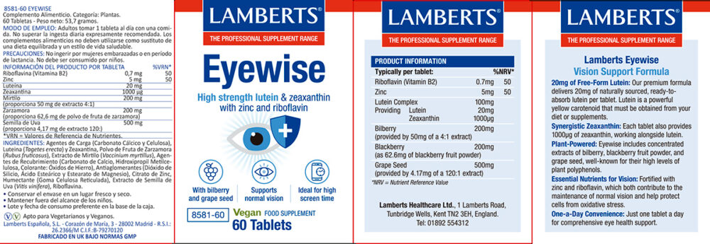 Etiqueta del eyewise lamberts con sus propiedades e indicaciones