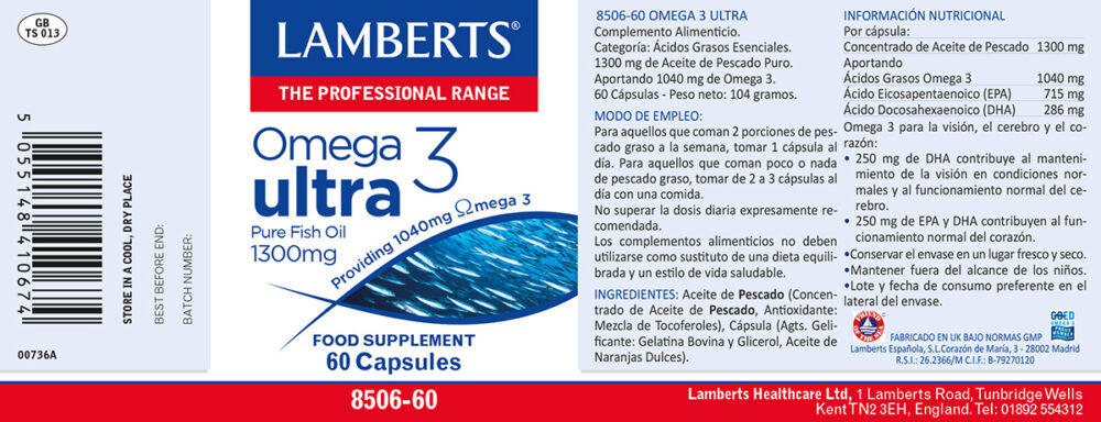 Etiqueta del Omega 3 Ultra Lamberts con sus propiedades e indicaciones