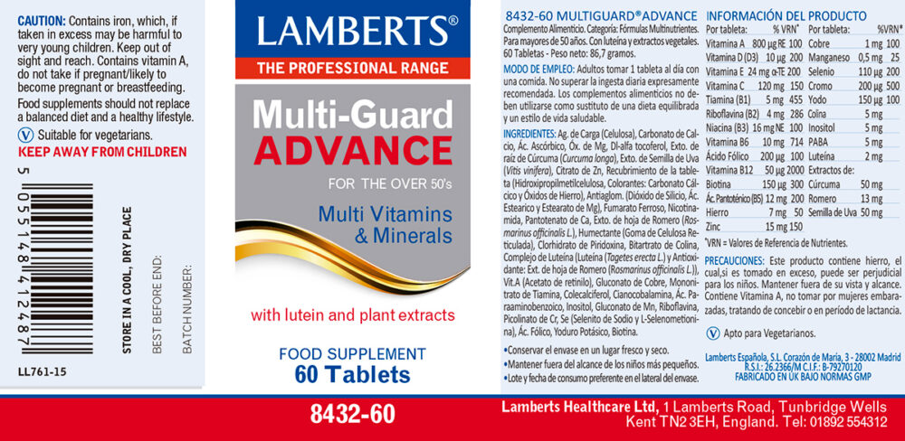 Etiqueta del Multivitamínico Multi-Guard® Advance Lamberts con sus propiedades e indicaciones
