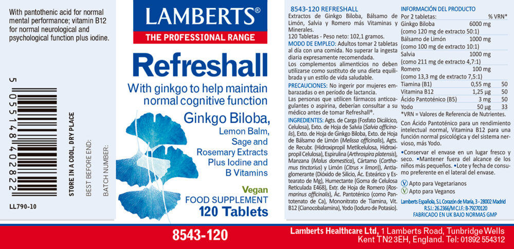 Etiqueta del Refreshall lamberts con sus propiedade e indicaciones