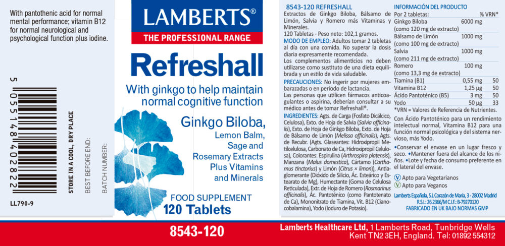 Etiqueta del Refreshall lamberts con sus propiedade e indicaciones