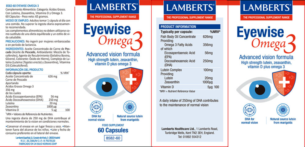 Etiqueta prospecto del Eyewise con Omega 3 Lamberts, con sus propiedades e indicaciones