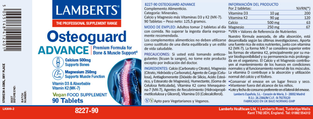 Etiqueta de Osteoguard Advance de Lamberts con sus propiedades e indicaciones
